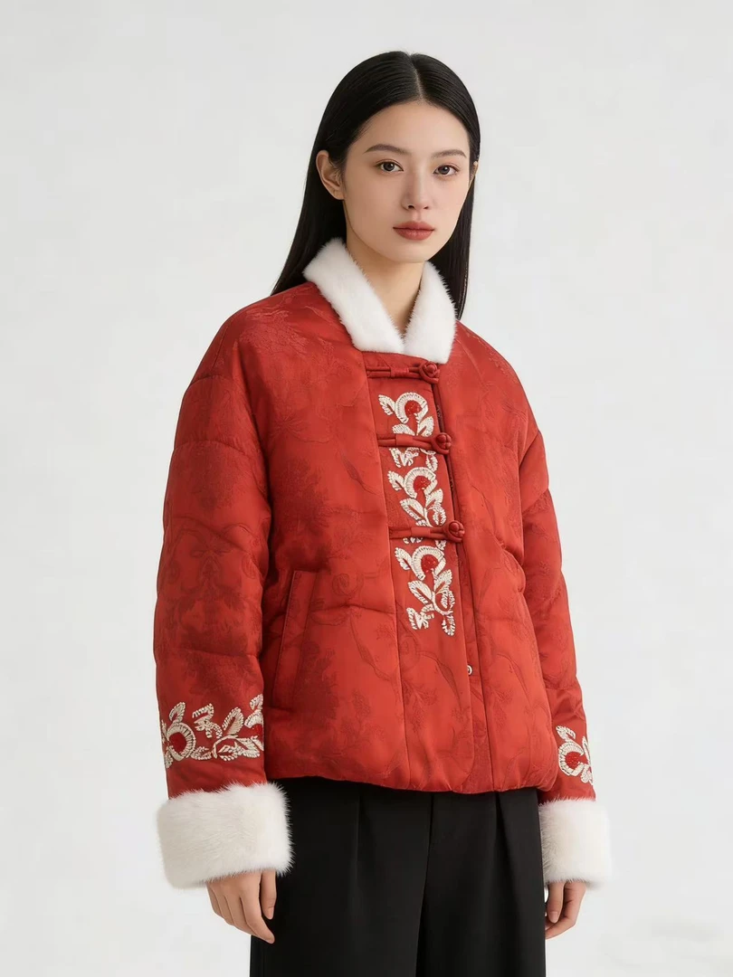 DY3428樱美嘉90鹅绒服拼接水貂毛皮草羽绒服冬季加厚新款新中式