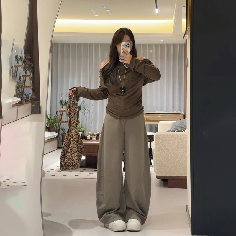 特大码灰绿色弯刀牛仔裤女秋季新款显瘦设计感胖mm宽松阔腿裤子2