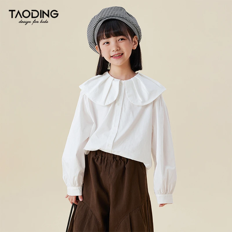 淘町女童白衬衫长袖春秋款休闲新款中大童学生纯色娃娃领衬衣休闲