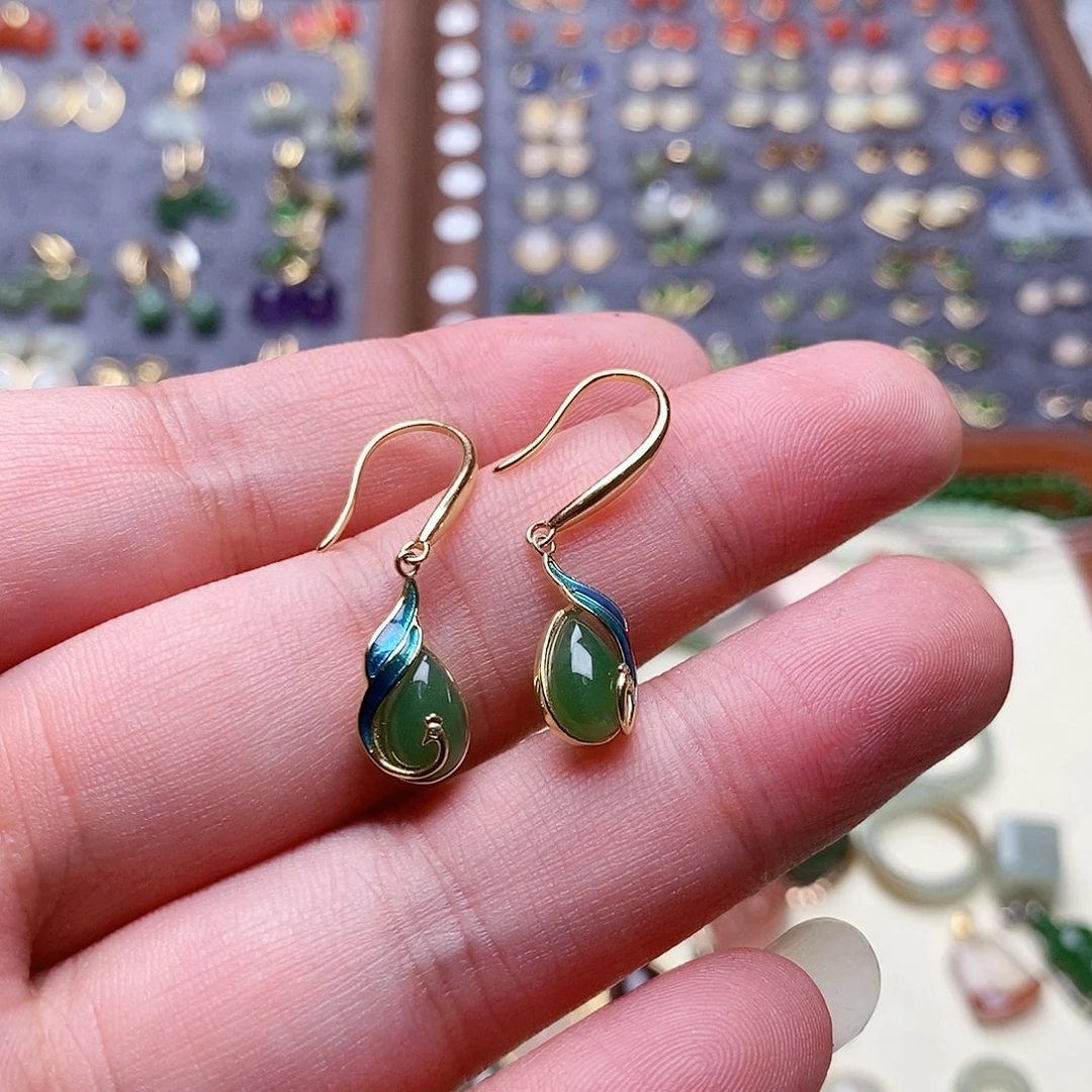 和田玉银S925镶嵌耳饰福**满