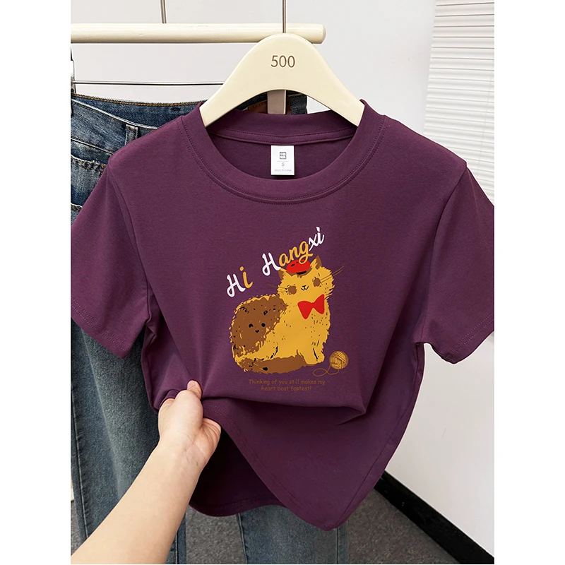 乌梅紫正肩短袖t恤女夏季新款韩版大码圆领猫咪印花显瘦百搭上衣
