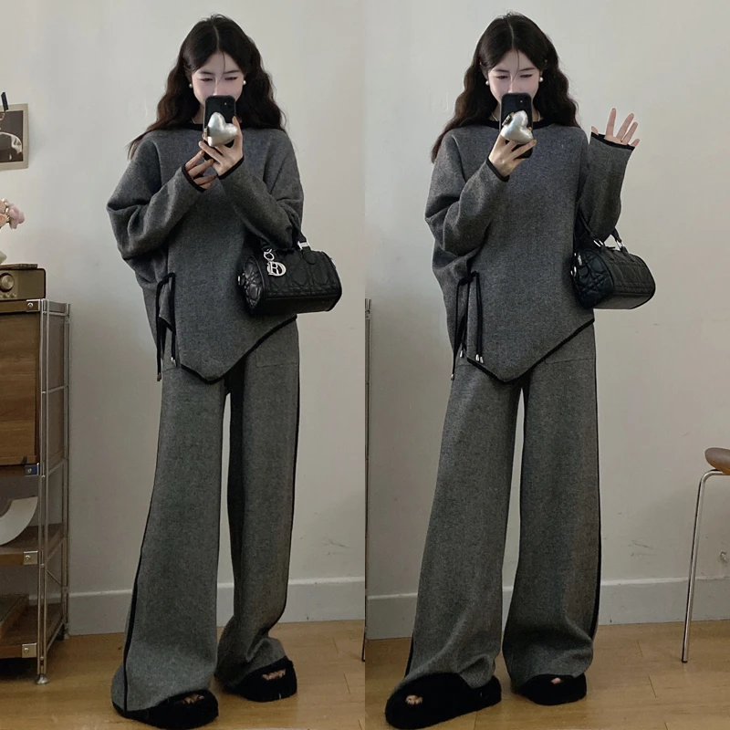 大码胖mm女装秋冬新款设计感不规则圆领时尚阔腿长裤两件套装女