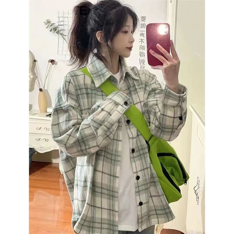 早秋穿搭叠穿格子衬衫女新款设计感小众长袖上衣百搭宽松休闲外套
