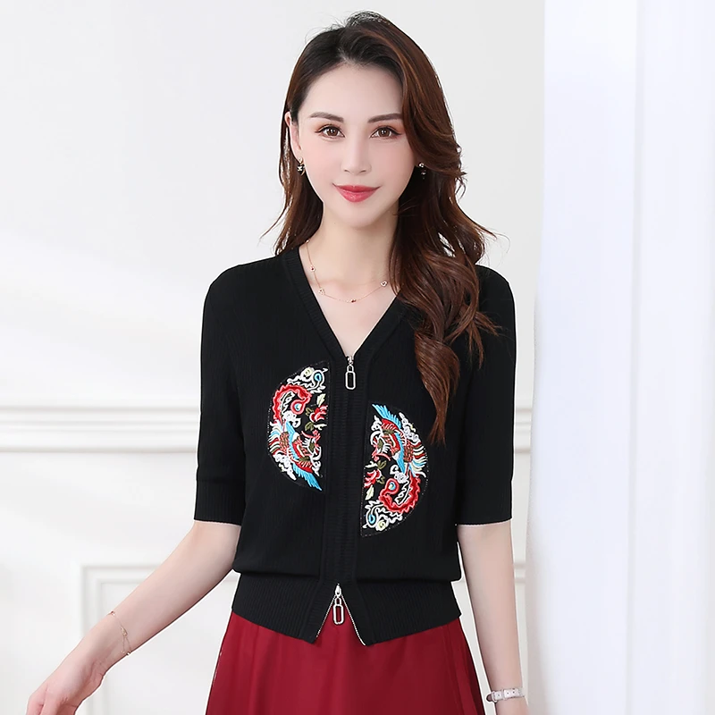 【冰丝针织衫】女夏法式V领双开拉链开衫T恤夏季款式