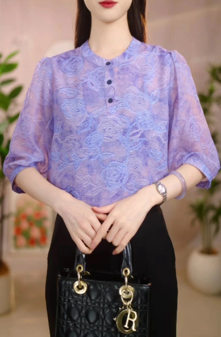 741-新款紫花优雅气质典雅衬衫春夏款