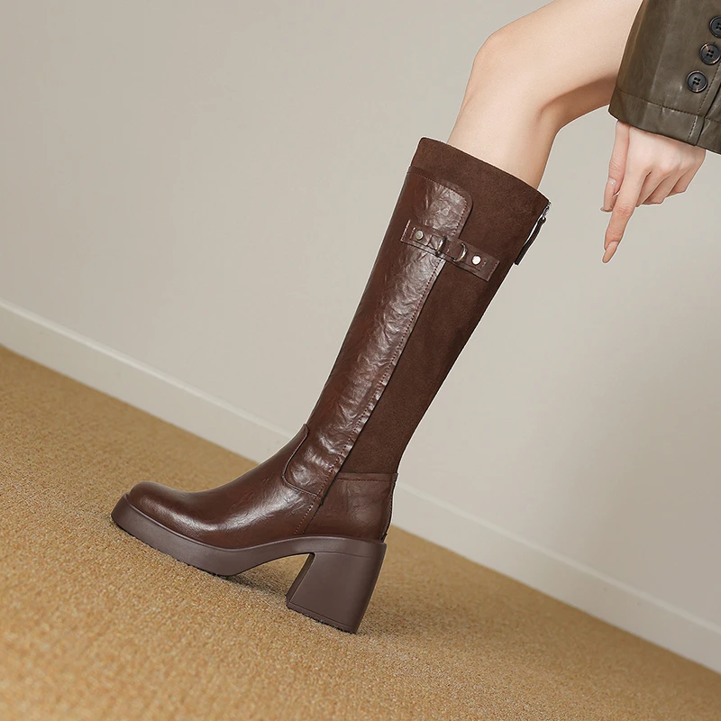 长筒靴女2025秋冬不过膝长靴显瘦高跟时装靴女小个子粗跟高筒靴子