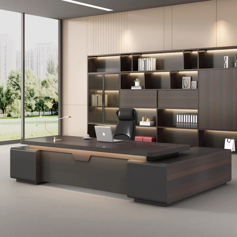 实木多层板老板桌简约现代桌椅组合轻奢总裁董事长大班台办公家具