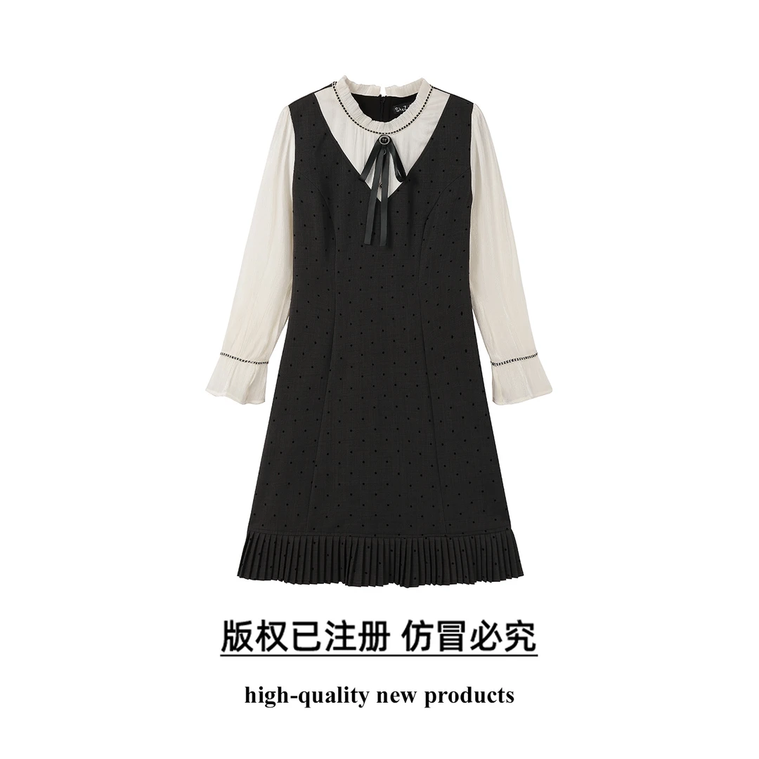 【奢姿】大码女装2025秋季胖妹妹波点撞色拼接设计百褶裙摆连衣裙