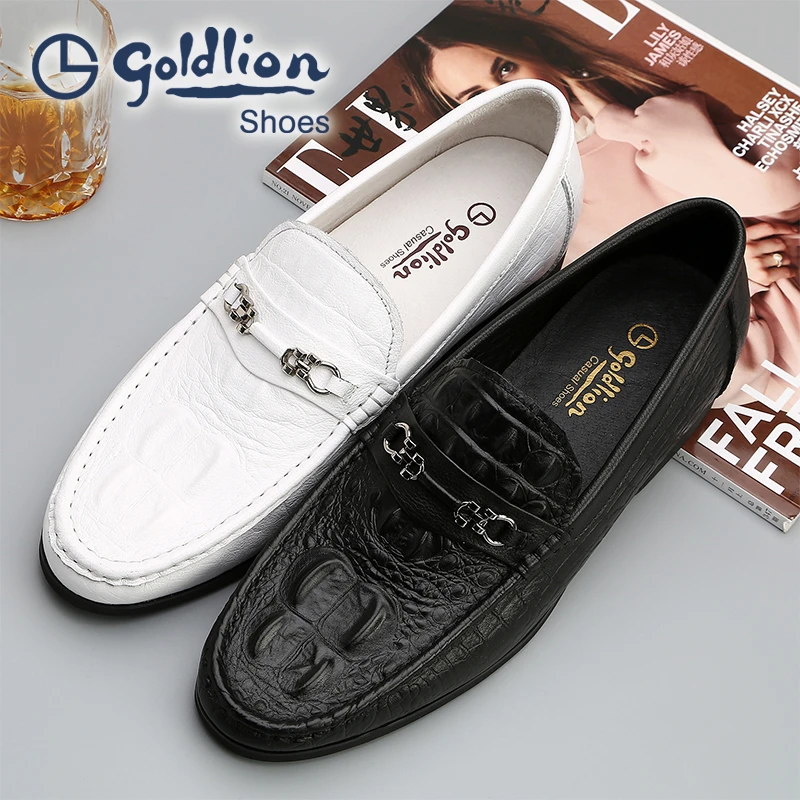 Goldlion/金利来男鞋鳄鱼纹商务休闲皮鞋男士圆头套脚白色乐福鞋