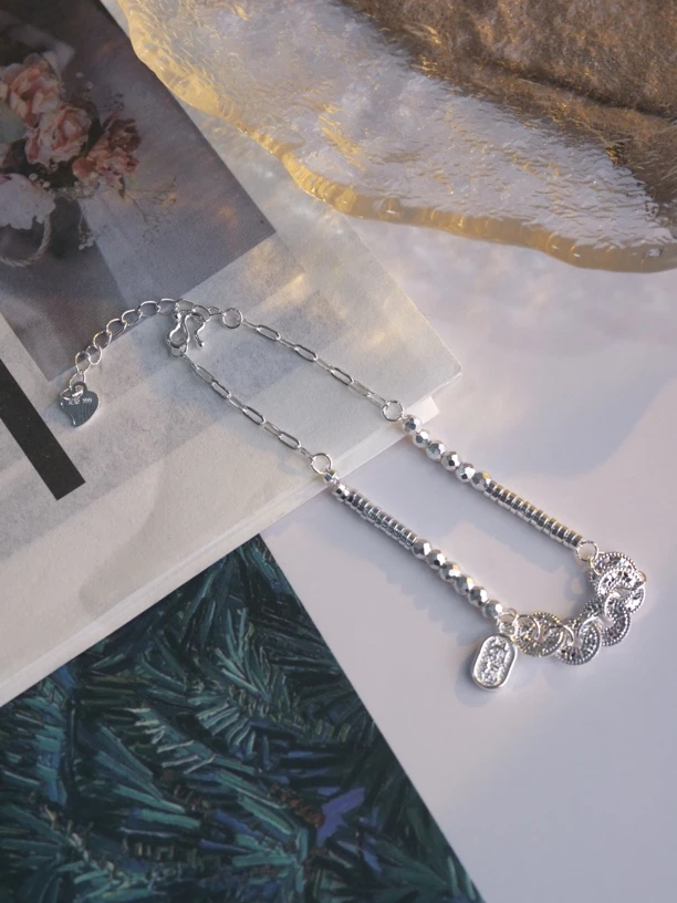 足银手链 【北斗银作】｜足银999五帝钱龙鳞蹦迪珠节节手链