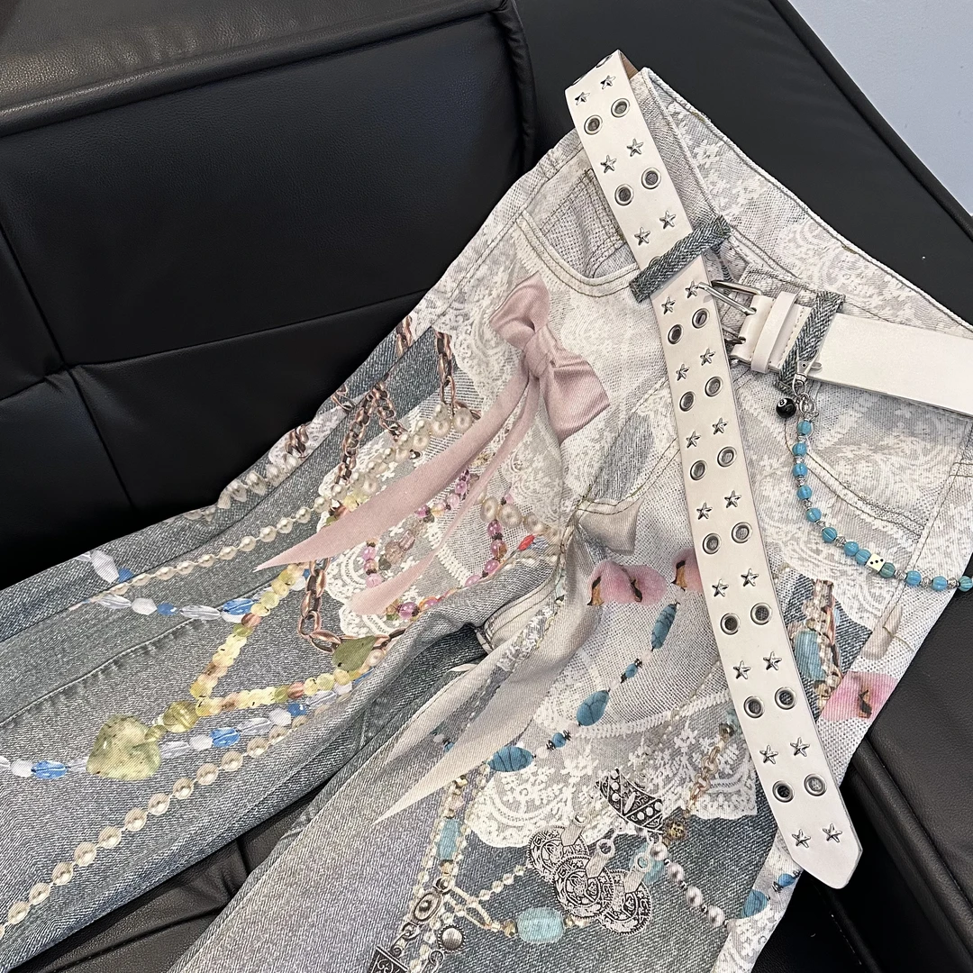 2025爆款早秋新品牛仔裤男设计师扎染中腰丝巾牛仔3D打印印花情侣