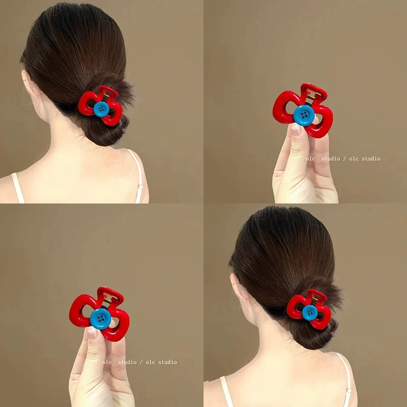 复古酒红纽扣！超正红色抓夹中号鲨鱼夹！后脑勺夹子发抓女盘发器