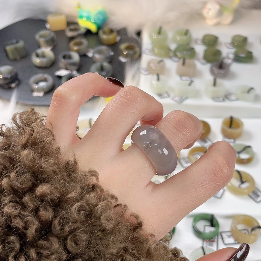 和田玉未镶嵌戒指k56 烟紫飘紫墩墩17.3