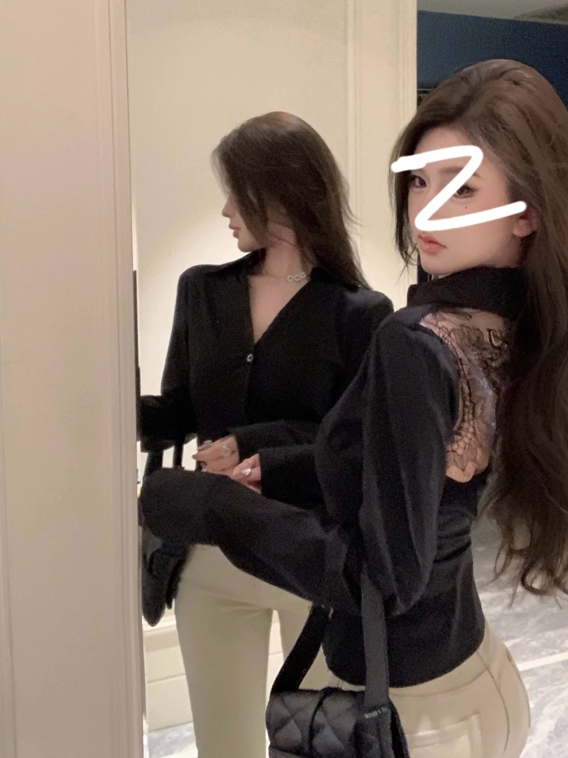 【大碗】辣妹蕾丝镂空露背美背长袖衬衫上衣气质纯欲风显瘦紧身衬衣