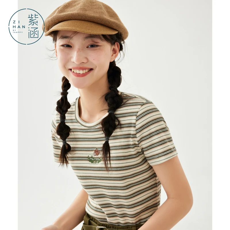 紫涵夏季新款短袖T恤复古条纹修身显瘦百搭短上衣Z4Z03BS151