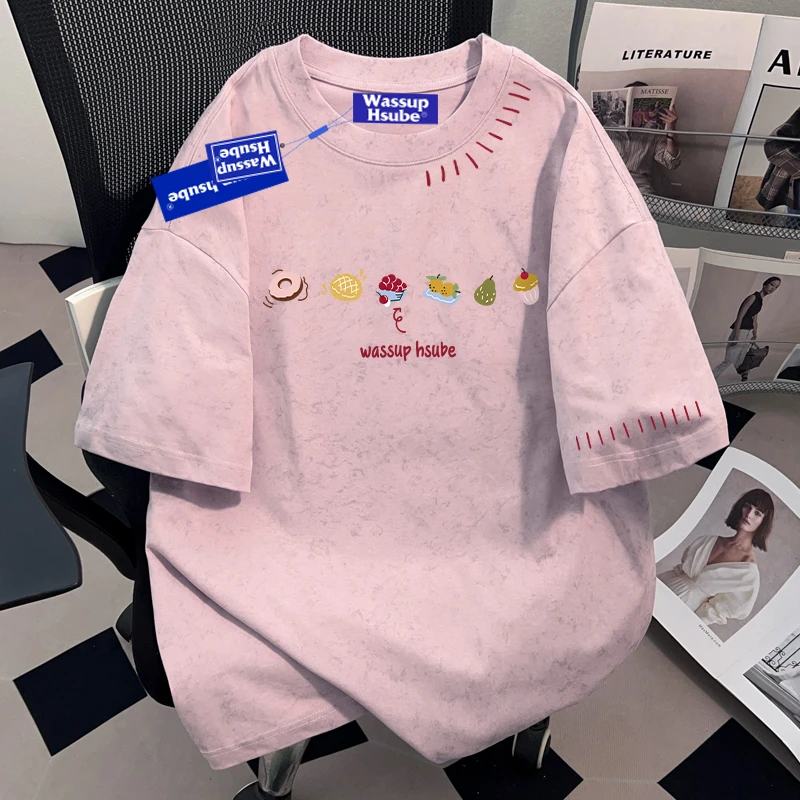 WASSUP HSUBE青少年圆领扎染设计短袖T恤夏季男女情侣百搭上衣ins