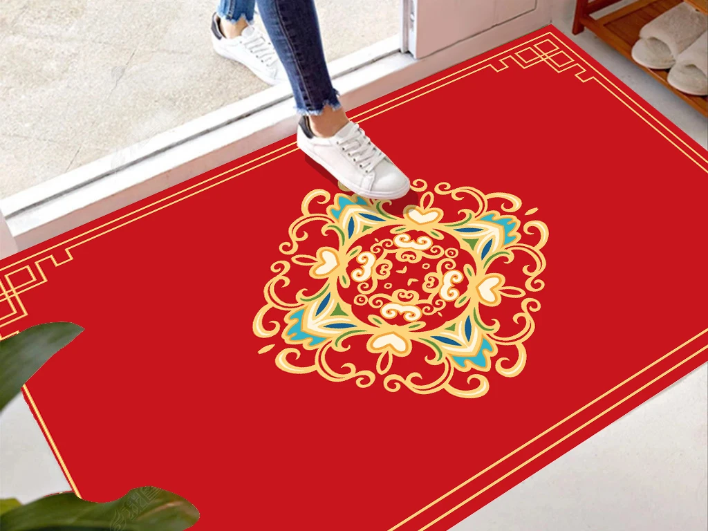 215家用红色喜庆新年入户门垫中式防滑吸水裁剪耐脏卫生间浴室