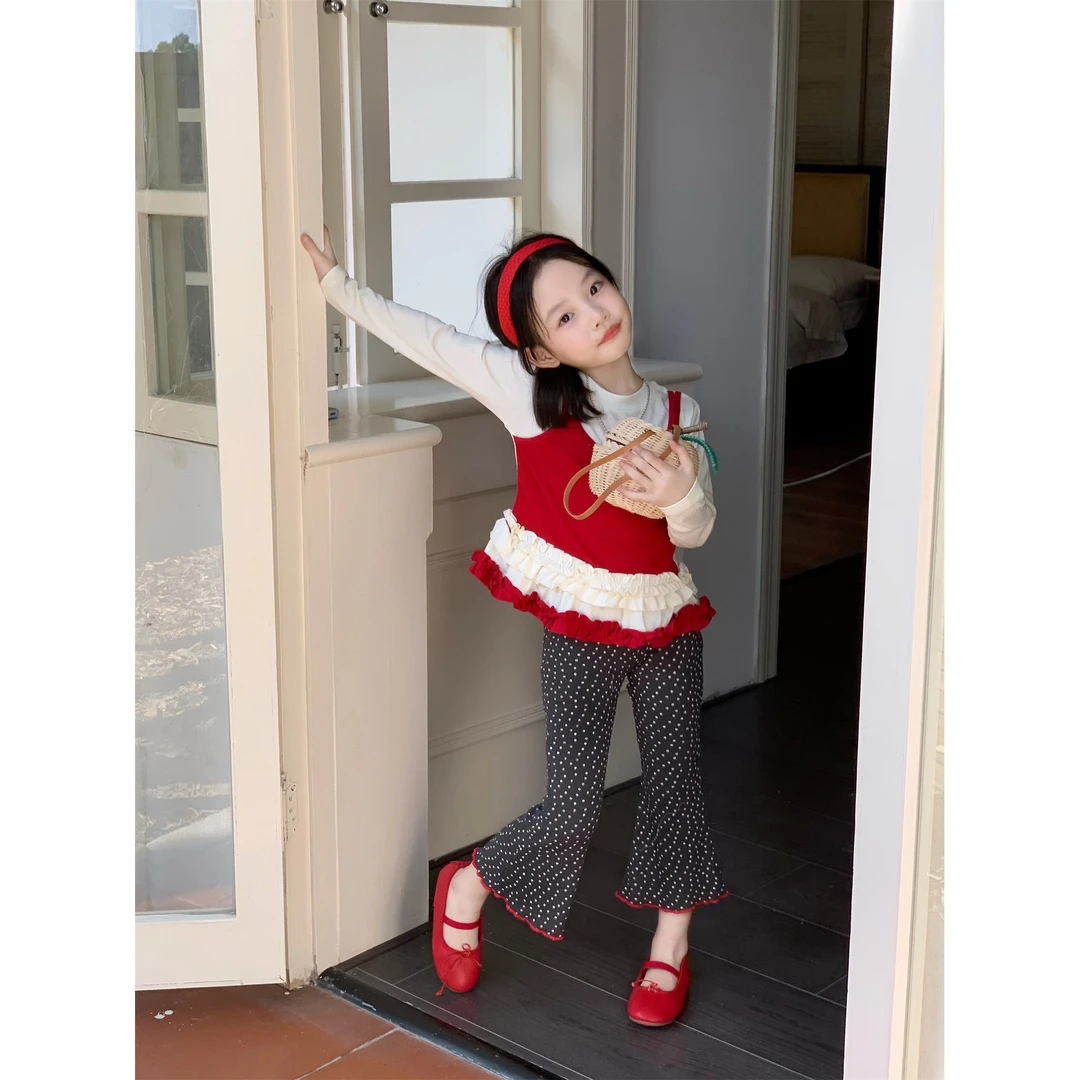 小粉象 ·女童2025秋季新款韩版假两件撞色花边T恤波点喇叭裤套装