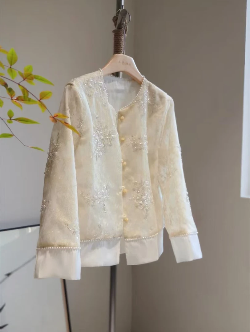 2025春夏款新中式上衣女珍珠刺绣防晒透气外套女
