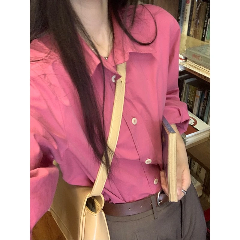 韩系树莓粉慵懒风休闲衬衫女春季2025新款复古高级感叠穿外搭上衣