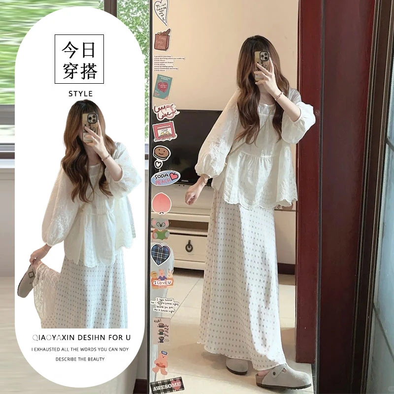秋装搭配一整套2025新款法式气质刺绣雪纺衫衬衫波点半身裙两件套