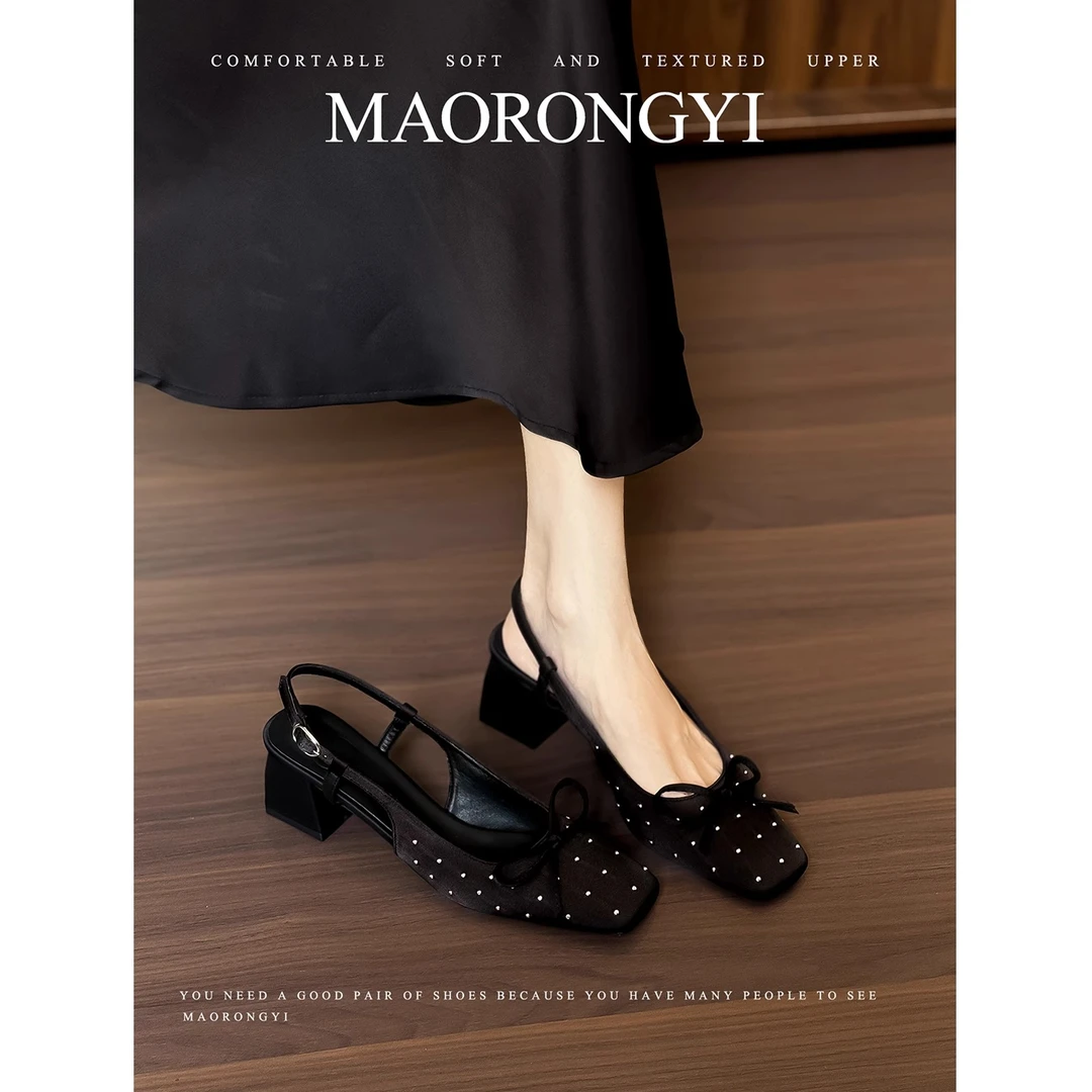 小香风2025新款蝴蝶结黑色单鞋后绊带包头凉鞋女夏绸缎粗跟高跟鞋