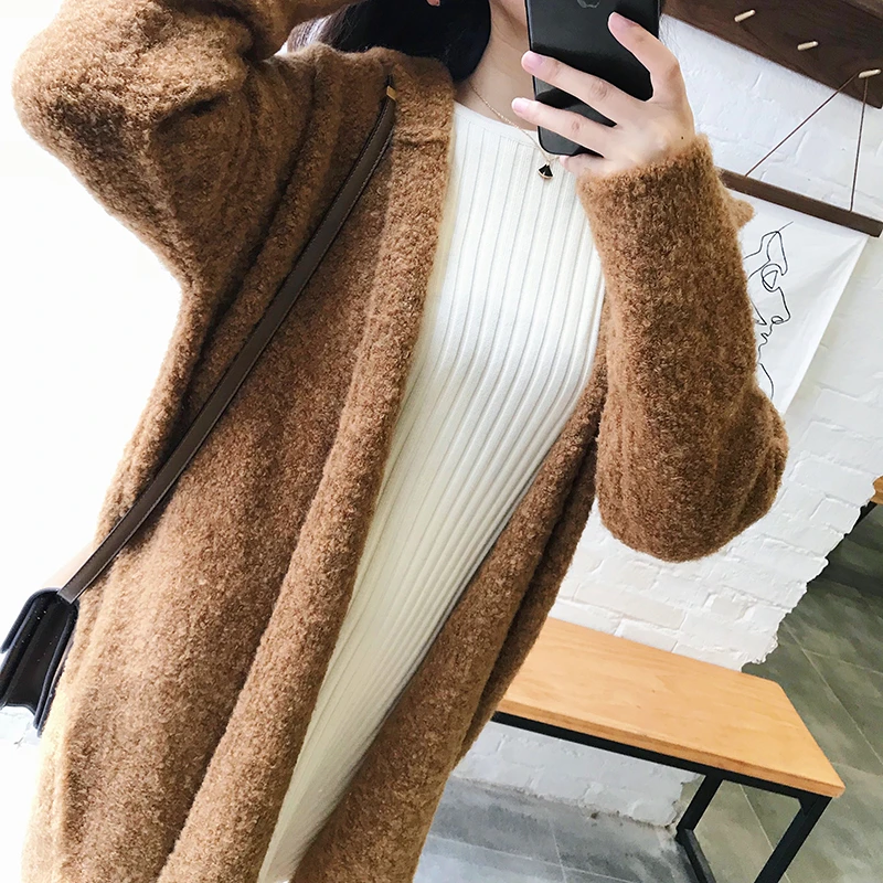 润年秋冬新款韩版针织开衫毛衣女宽松外套连帽长款过慵懒风上衣