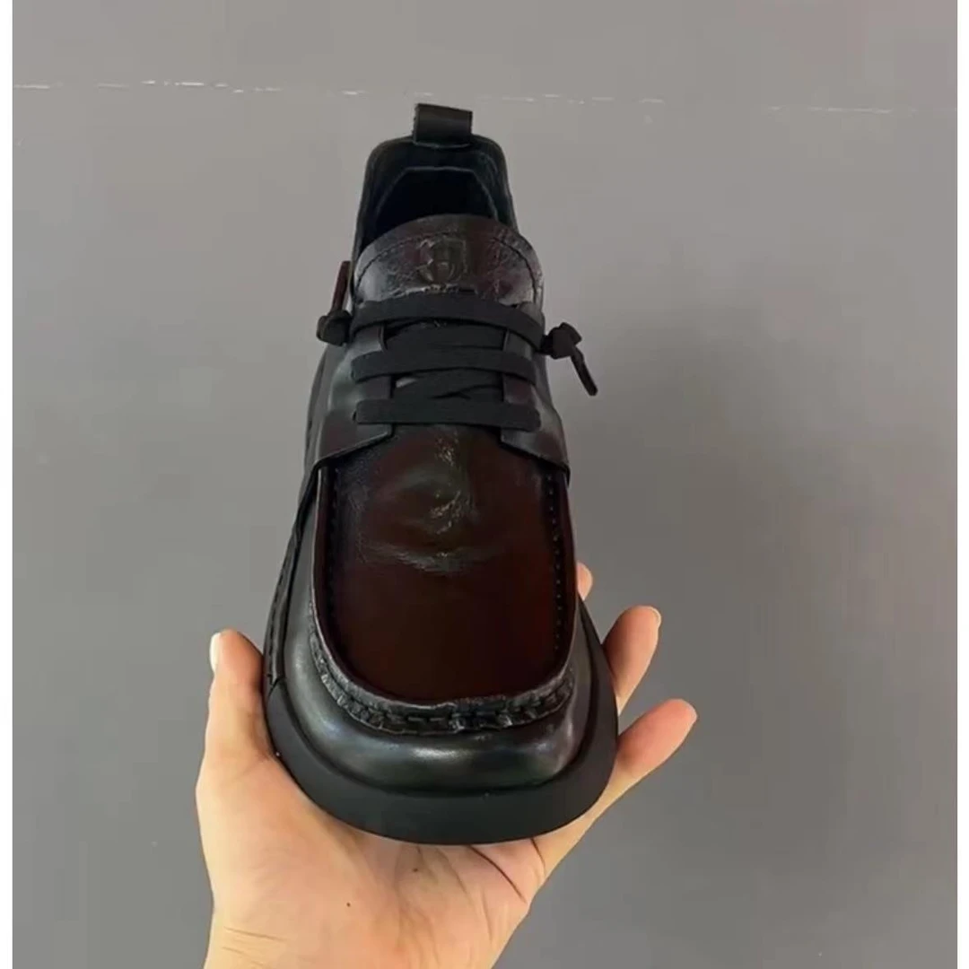 新款秋季纯皮商务休闲牛皮舒适圆头系带时尚百搭软底皮鞋男