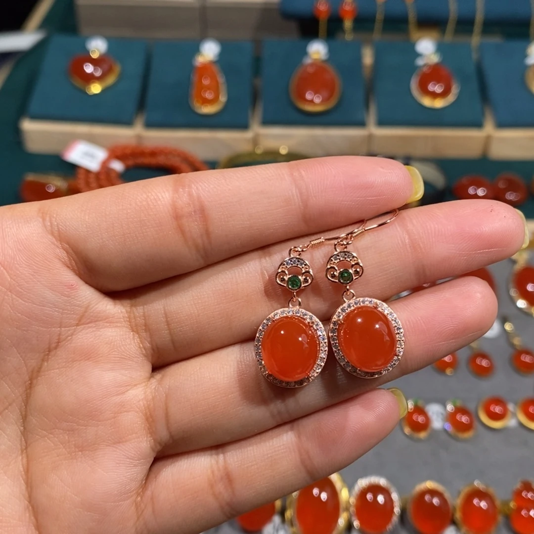 南红玛瑙银S925镶嵌耳饰