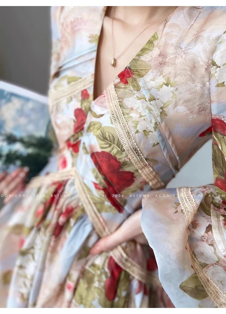 【幻彩花影】高级感法式浪漫印花V领蕾丝收腰小个子显瘦连衣裙