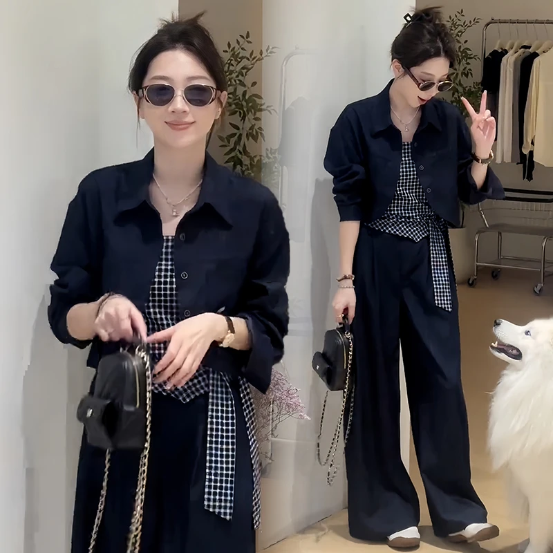 韩系风休闲百搭套装女2025秋冬新款显瘦开衫外套吊带阔腿裤三件套