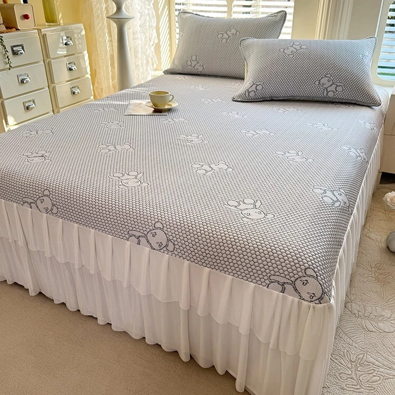 夏天凉感豆豆冰丝席公主风蕾丝花边空调席子床裙款凉席床盖软席