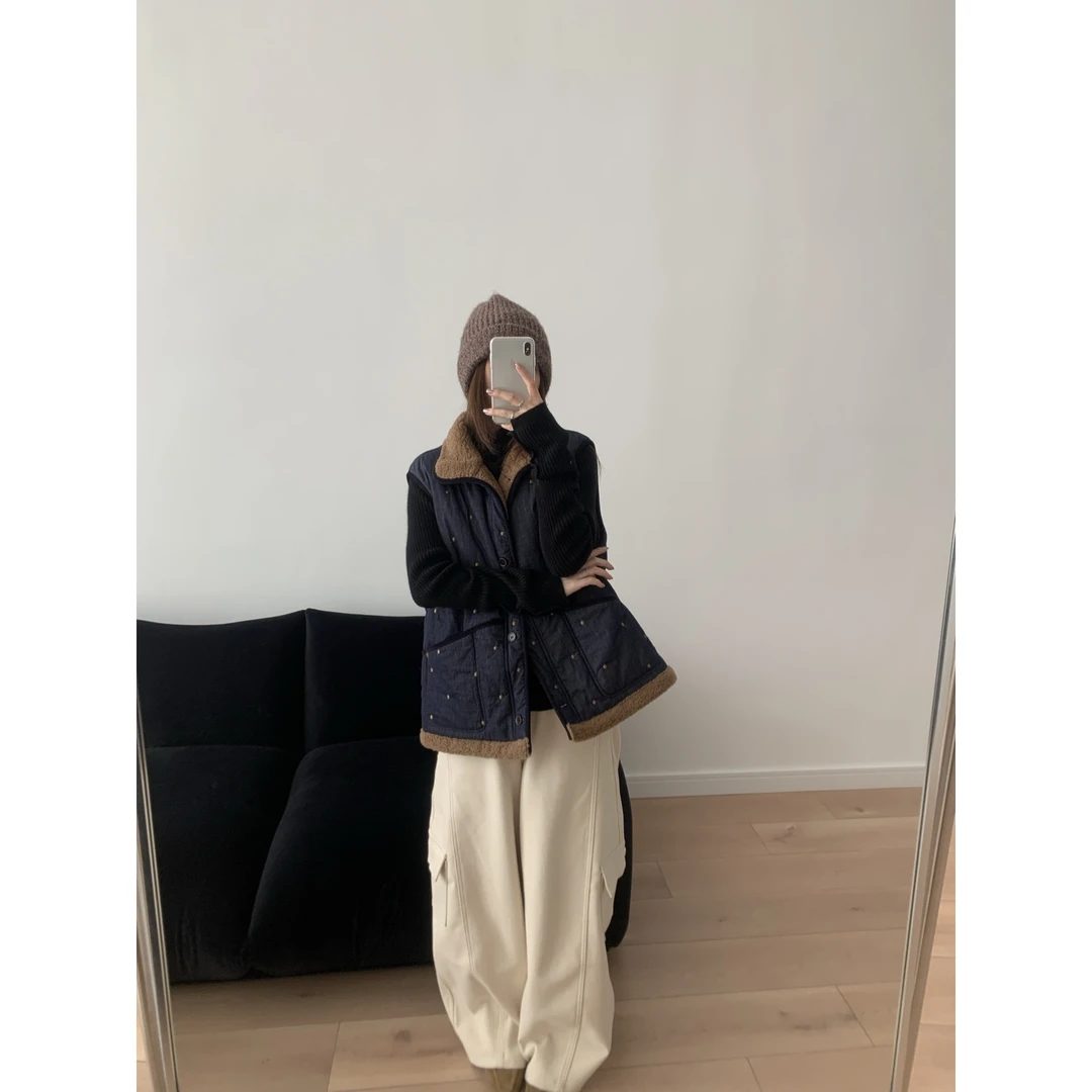 L-81550#OUUR#【叠穿天花板】韩系设计感波点刺绣羊羔毛马甲（福