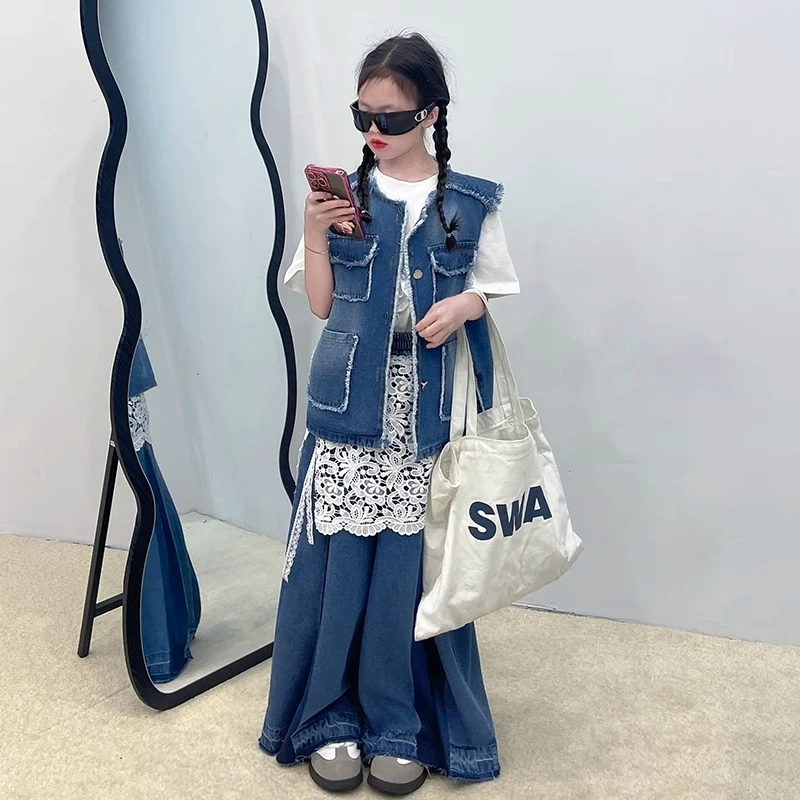 女童洋气夏季薄款牛仔两件套2025女孩夏装洋气时髦马甲裤子套装潮