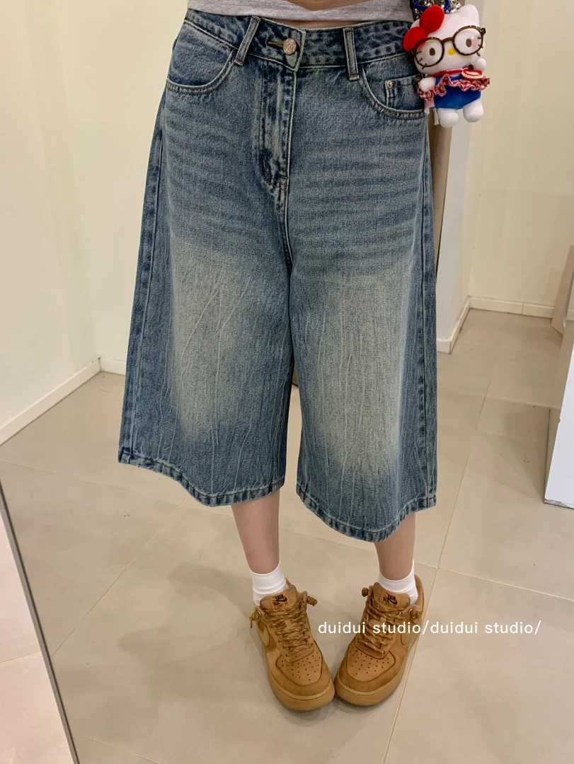 「牛仔中裤」复古水洗闪电纹阔腿宽松时髦5分短裤