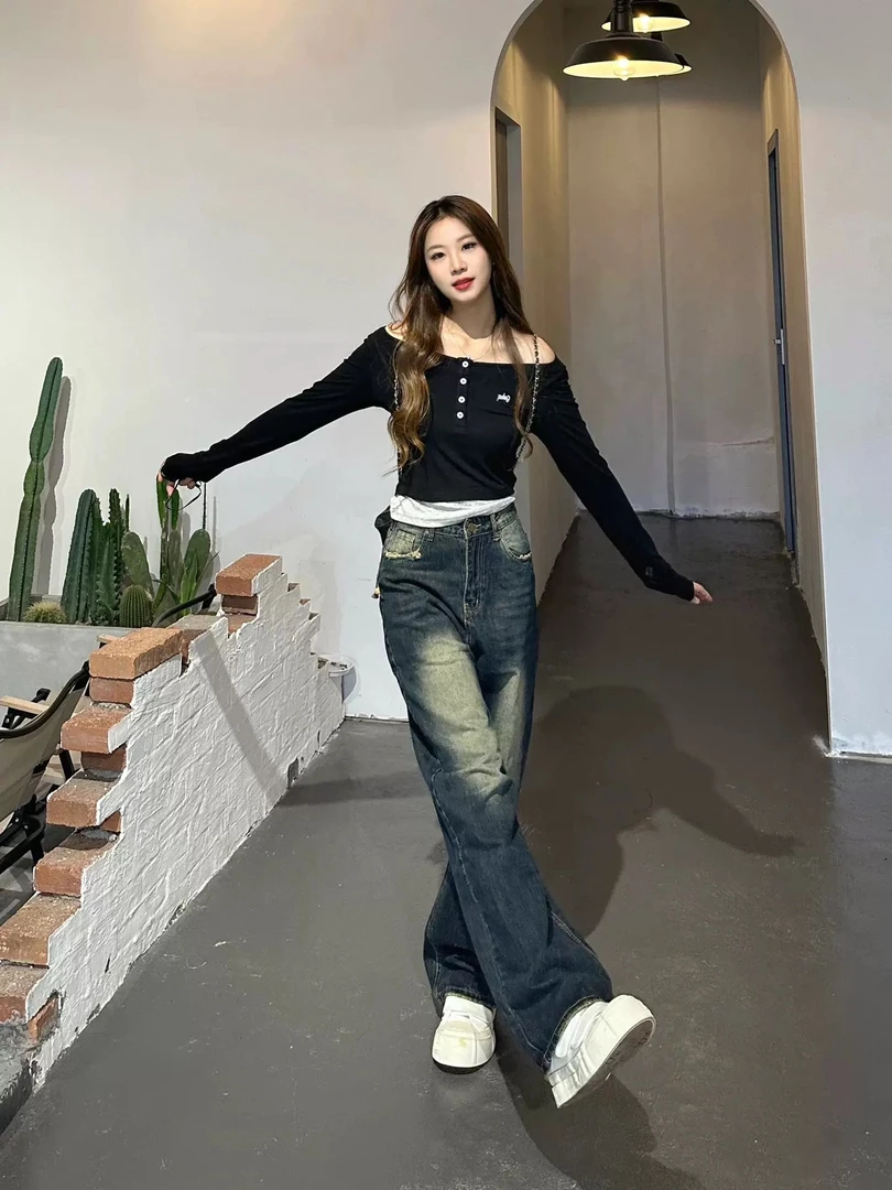 [布]复古蓝宽松直筒牛仔裤女夏季新款街头美式高腰显瘦垂感拖地裤