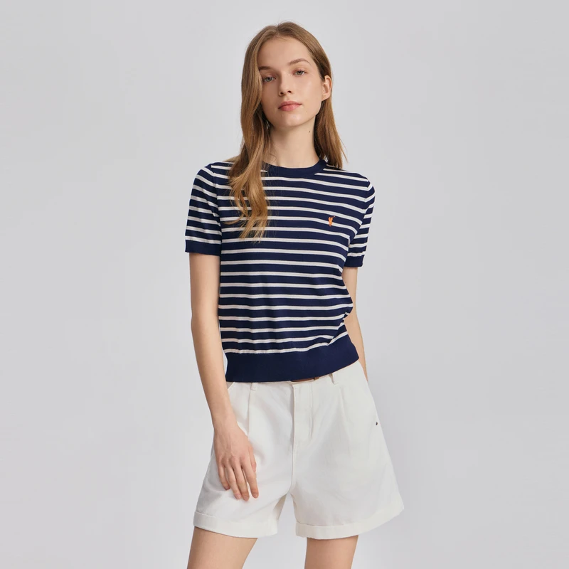 POLOWALK短袖针织衫女式2025夏季新品韩系圆领条纹时尚简约百搭