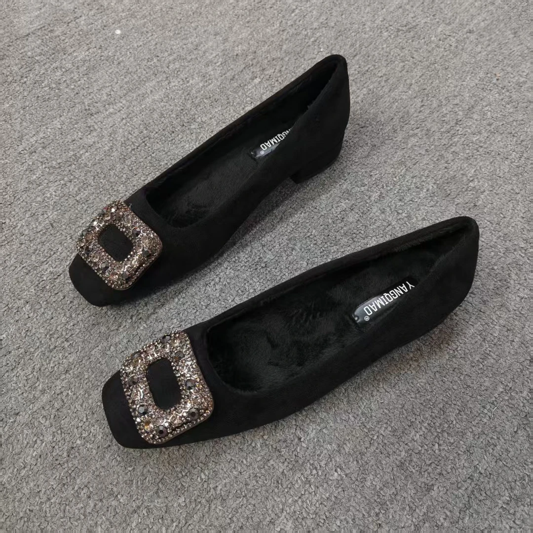 228-1黑色绒面法式单鞋2025气质方扣新款方头浅口水钻通勤女鞋