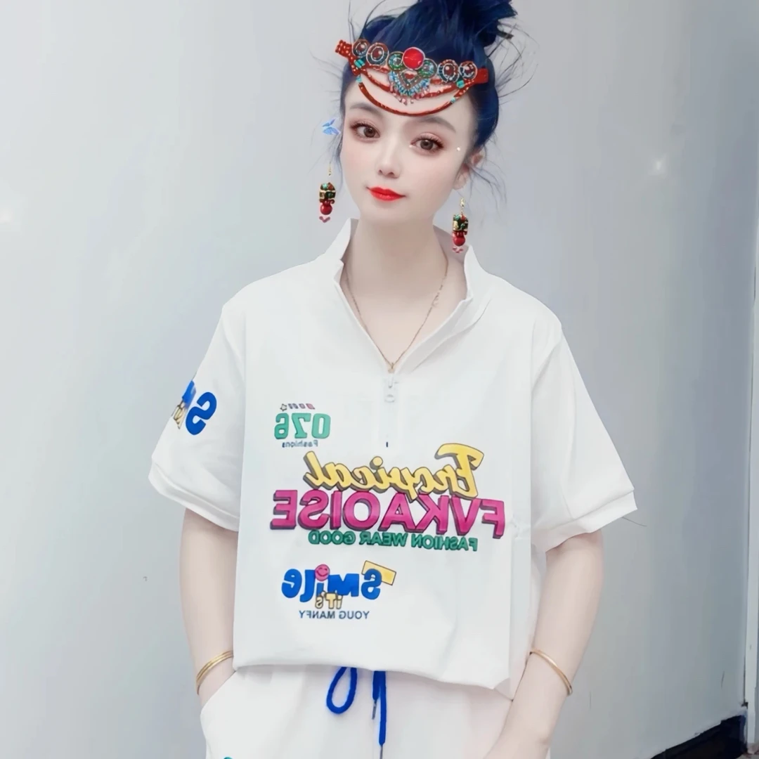 805新款翻领拼接洋气字母印花时尚休闲百搭宽松 减龄潮流运动短袖