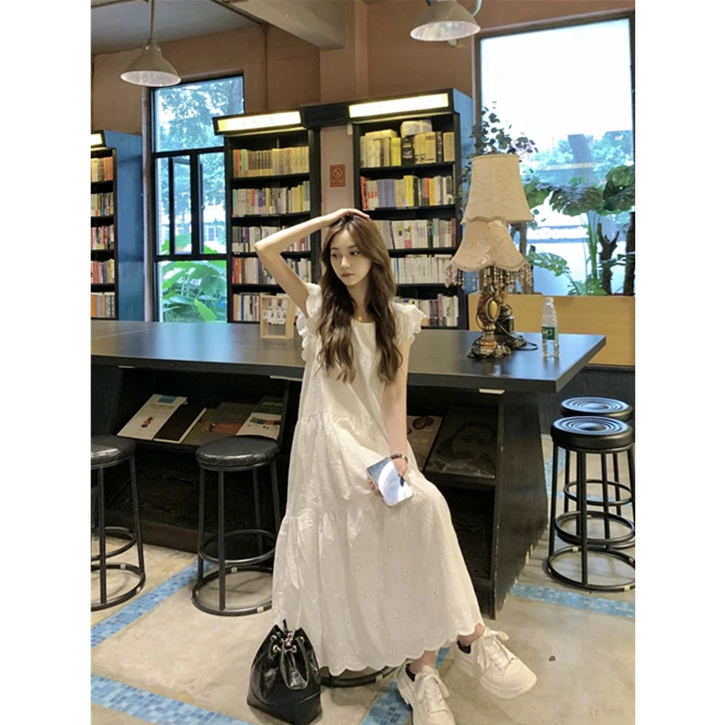 女大童小飞袖白色连衣裙夏季初中生法式甜美女孩小清新宽松长裙子