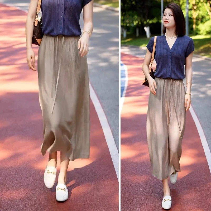 La babite 缎面a字半身裙2025夏季新款高腰垂感休闲中长款直筒裙