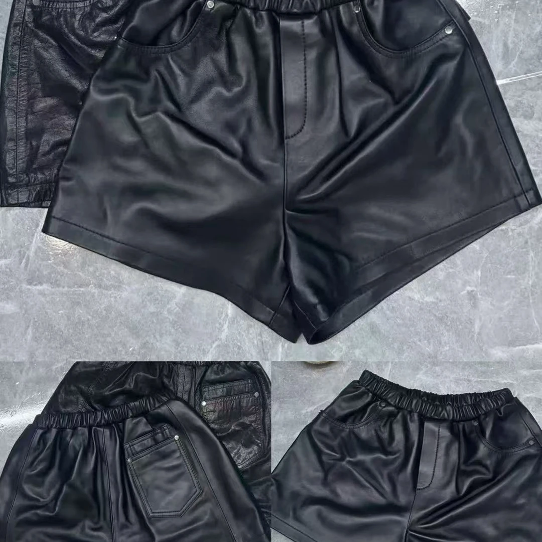 L L琳大码欧货皮裤女松紧腰皮短裤高腰阔腿显瘦百搭靴裤子6166-1