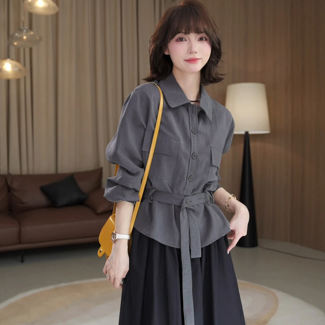 2025春秋新款一整套翻领衬衫简约收腰上衣搭法复古收腰衬衫裙套装