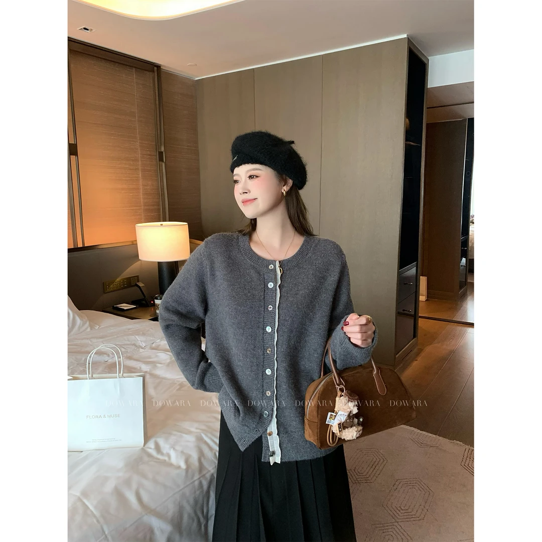 现货大婉酱微胖定制 圆领开衫毛衣新款慵懒风高级感针织上衣6390D