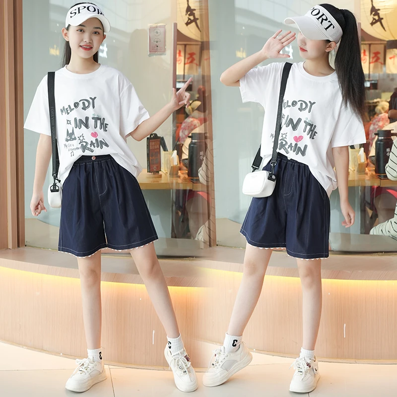 女童夏装2025夏季新款青少年学生女孩宽松短袖字母T轻薄短款穿搭