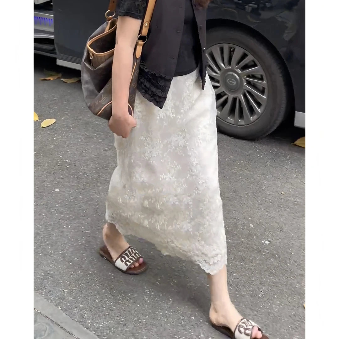 WenWen立体雕花设计感小众蕾丝半身裙女夏季高腰气质中长款裙子