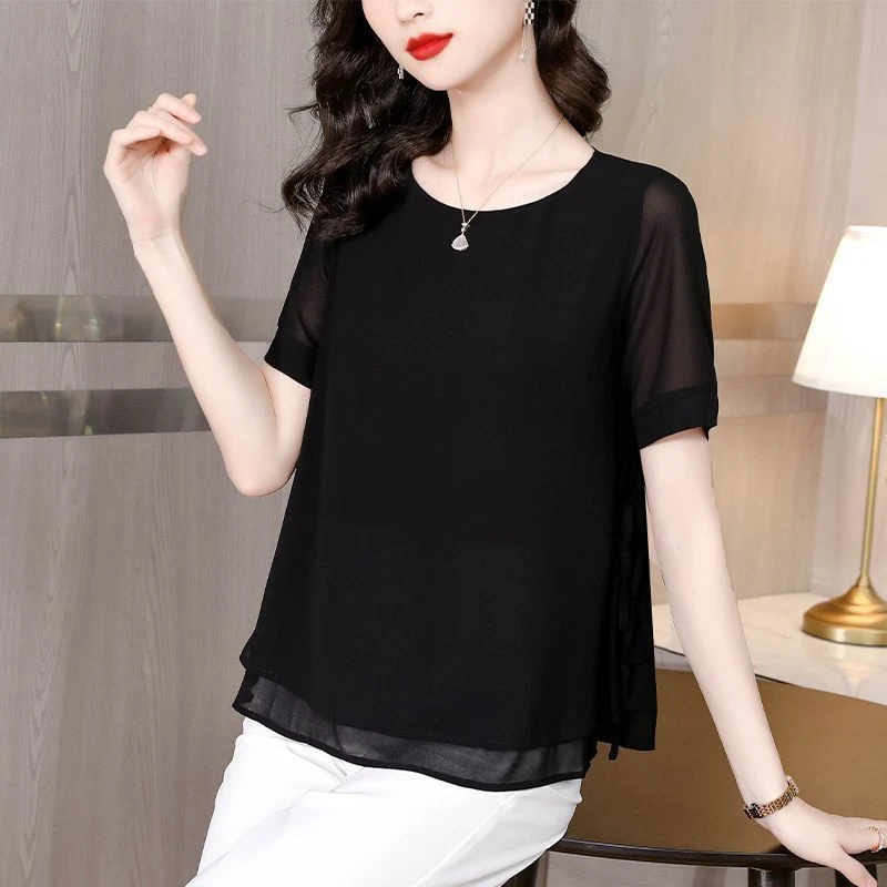 2025时尚百搭好看夏季新款雪纺衫洋气妈妈大码女装圆领短袖宽松上
