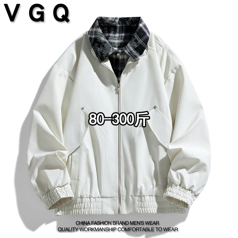 VGQ男士翻领夹克秋季新款潮流休闲运动百搭纯色外套假两件上衣