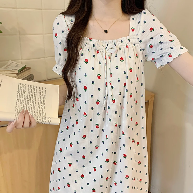 短袖睡裙女夏季法式复古小清新碎花带胸垫睡衣裙家居服ins风夏天