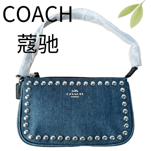 99新 COACH/蔻驰 蓝丹宁银钉珠麻将手拎包G25127813底长20X12